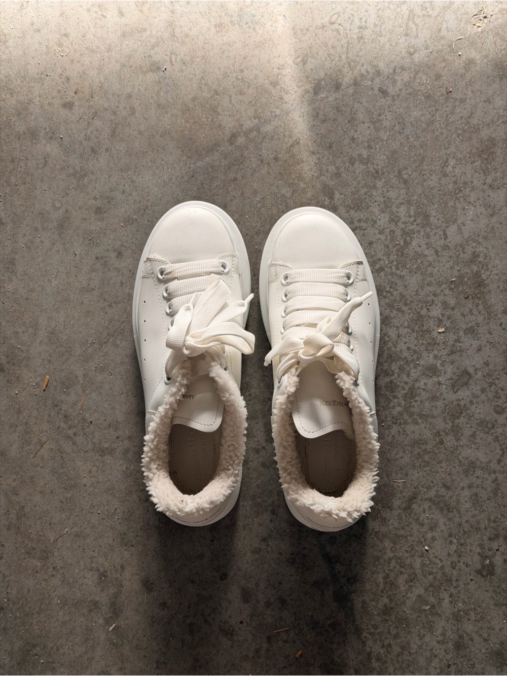 Alexander McQueen Ivory Leather Sneakers with Sherpa Collar